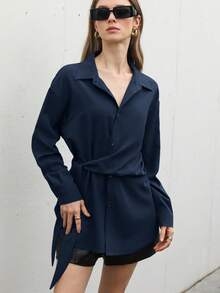 Aveloria Modichic 经典纯色法式奢华优雅不对称系带长袖衬衫，修身显瘦高端休闲百搭上衣，适合所有季节 - 藏蓝色 - 查看 6