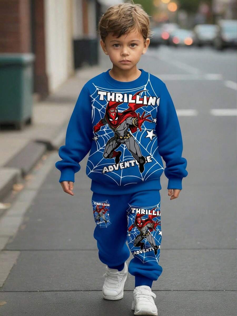 SHEIN Set de 2 piezas de sudadera y pantalones holgados con estampado de araña cómodos y cálidos para niños pequeños, adecuado para el verano - Multicolor - Ver 1