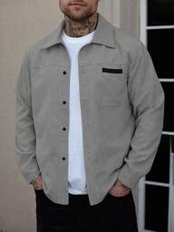 Manfinity Homme Men's Shirt Jacket, Men's Front Button Long-Sleeved Pocket Simple Shirt Jacket, Casual Daily Wear, Men's Jacket, Men's Shirt Jacket, Autumn And Winter Men's Jacket, Boyfriend Gift, Go Out Warm Long-Sleeved Casual Corduroy Flannel Jacket