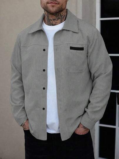 Manfinity Homme Chaqueta camisa para hombres, chaqueta camisa de botones delanteros de manga larga con bolsillo, de uso casual diario, chaqueta para hombres, chaqueta camisa para hombres, chaqueta de hombre para otoño e invierno, regalo para el novio, chaqueta de franela de pana de manga larga casual para salir y abrigarse