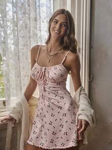 Aralina Sleepwear Women's Printed Gathered Tie Front Sleep Slip Mini Dress, Christmas And Valentine's Cute Pajamas - Pink - View 7