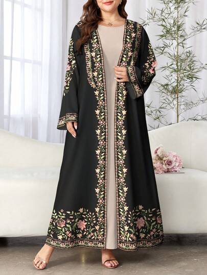 SHEIN Najma Plus Size Women's Floral & Plant Digital Print Long Sleeve Casual Arabic Abaya, Spring/Autumn