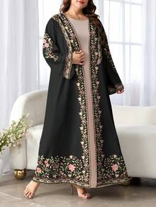 SHEIN Najma 大码女式花卉植物数码印花长袖休闲阿拉伯长袍，春秋季 - 彩色 - 查看 3
