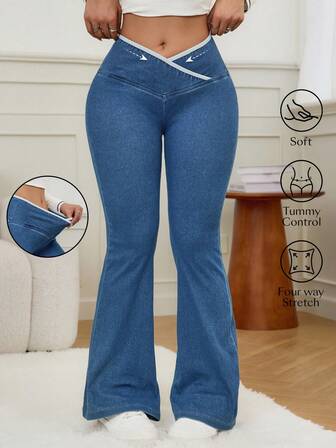 Flexra Jeans de pierna acampanada con dobladillo asimétrico en la cintura para mujer