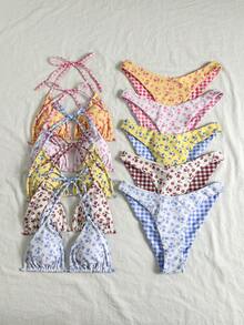 Swim Mod 新款女式夏季两件套随机花卉格子印花三角吊带比基尼上衣和下装套装，海滩度假泳装 - 彩色 - 查看 2