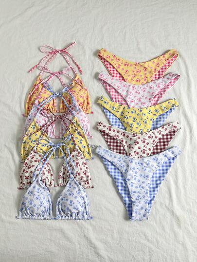 Swim Mod Nuevo conjunto de bikini de 2 piezas de verano para mujer con parte superior de triángulo de halter y Bottom, con estampado floral y a cuadros aleatorio, traje de baño para vacaciones en la playa