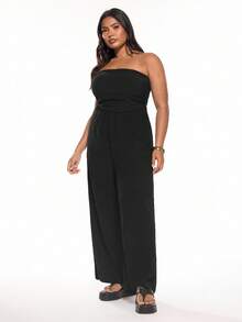Solavibe Plus Size Ruched Solid Color Strapless Jumpsuit For Summer Casual Wear - Black - View 4