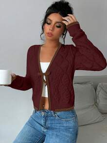 Rafferiza Cardigan Lengan Panjang Bertekstur Berlian Serbaguna Gaya Kasual Prancis - Burgundy - View 7