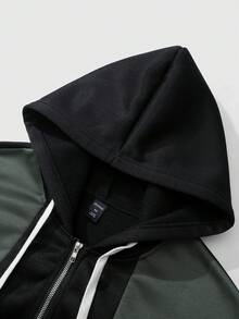 ROMWE MEN Street Life Unisex English Print Patchwork Casual Hooded Sweatshirt, Street Style American, Suitable For Autumn/Winter, Long Sleeve Top - Black - View 7