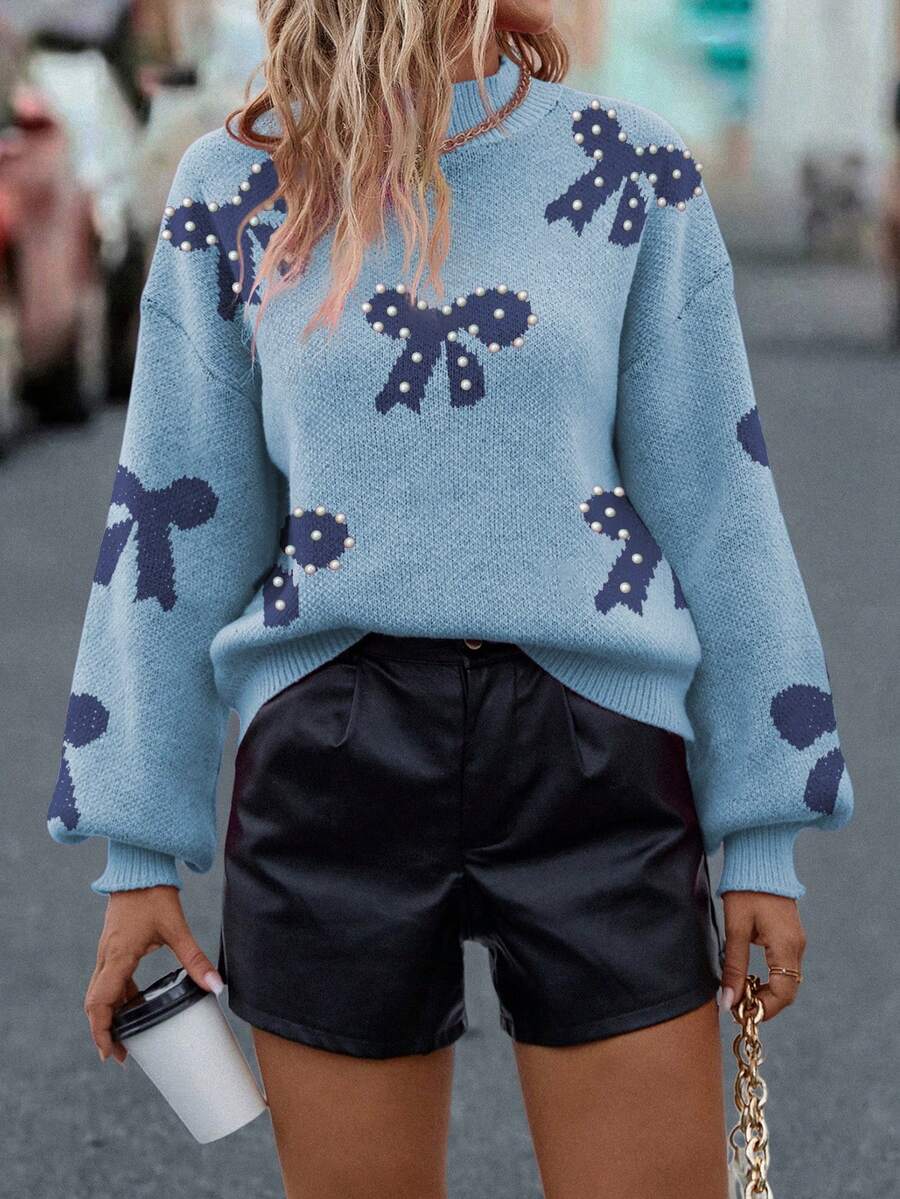 EMERY ROSE Suéter casual com laço e pérolas, ideal para outono/inverno. - Azul - Ver 1