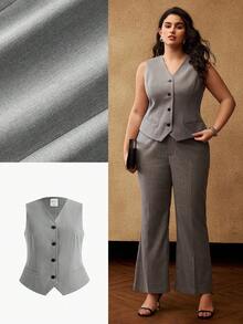 MOTF PREMIUM PLUS SIZE SOLID SINGLE BREASTED CHIC WAISTCOAT - Grey - View 7