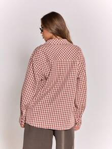MUSERA 超大格纹前袋纽扣衬衫，秋季复古乡村风，清新休闲，适合女性，奶油糖色，假日风，春夏款 - 紅色 - 查看 2