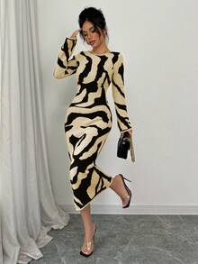 Elenzga 女士图案喇叭袖圆领修身针织连衣裙 - 淡黃色 - 查看 3