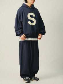 DAZY Men's Letter Print Loose Fit Hoodie Set, Navy Blue, Autumn - Navy Blue - View 3