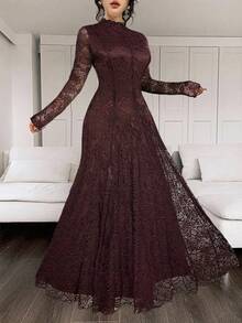 Feyla 优雅白色蕾丝连衣裙 - 咖啡棕 - 查看 5