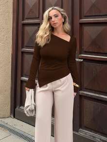 Jeta Ari Asymmetrical Hem Long Sleeve Solid Color T-Shirt Top , Minimalist Fashion For Casual Daily Wear Basic Long Sleeve Topslong Sleeve Black Topwomen Long Sleeve Topsblack Top Long Sleeve Coffee Brown Top