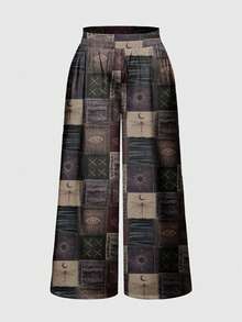 ROMWE Fairycore Plus Size Hippie Boho Cute Sun Moon Star Cross Dragonfly Wing Butterfly All-Over Print Loose Wide Leg Pants - Black - View 1