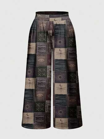 Fairycore Plus Size Hippie Boho Cute Sun Moon Star Cross Dragonfly Wing Butterfly All-Over Print Loose Wide Leg Pants