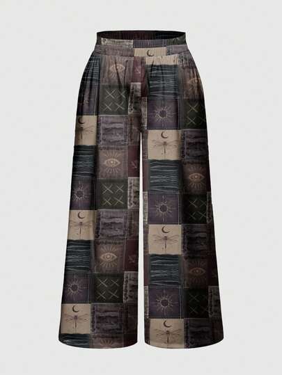 Fairycore بنطلون فضفاض واسع الساق مطبوع بالكامل بتصميمات الشمس والقمر والنجوم والصليب والنحلة والفراشة، بأسلوب هيبي بوهيمي مناسب للمقاسات الكبيرة