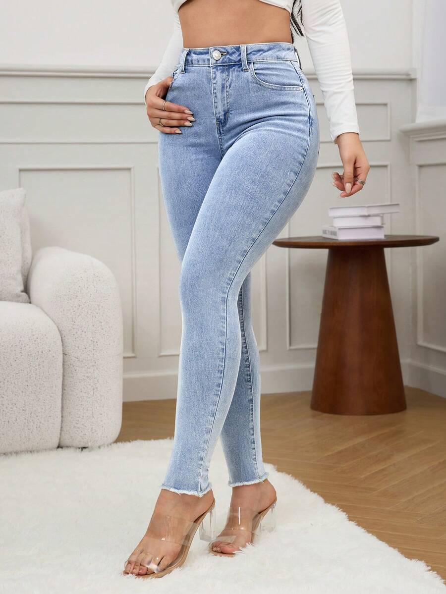 SHEIN Tall Women's Washed Skinny Jeans With Pockets - Blue - View 1