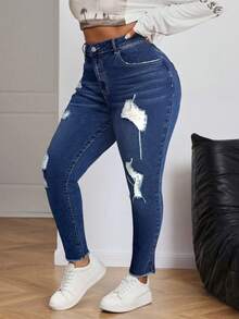 Firerie Plus Size Black Distressed Skinny Stretch Jeans - Dark Wash - View 6