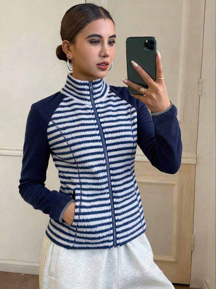 Women's Casual Sweatshirt With Thermal Lined, Contrast Color Block Striped Zipper High Neck Long Sleeve, Sporty Street Style For Autumn/Winter