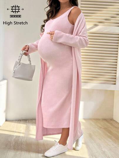 SHEIN 2-częściowy komplet ciążowy: jednokolorowa, swobodna kurtka z długim rękawem i sukienka bez rękawów