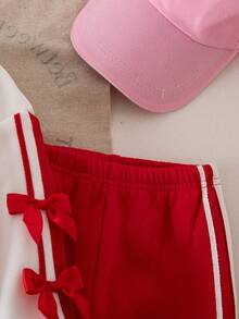 SHEIN 2pcs Baby Girl Cute Sports Casual Bow Knit Long Sleeve Sweatshirt & Elastic Waist Pants Set - Red and White - View 6