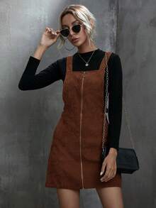 SHEIN LUNE Women's Solid Color Zipper Collar Pocket Casual Strap Dress, Autumn - Brown - View 5