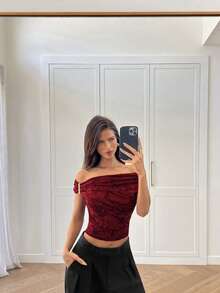 Aloruh Elegant Commuter Solid Color Cut-Out Off Shoulder T-Shirt  Winter Clothes For Women - Burgundy - View 6