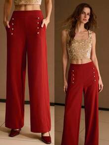 MOTF PREMIUM SOLID SLANT POCKET GOLD BUTTON DETAIL STRAIGHT LEG PANTS - Redwood - View 7