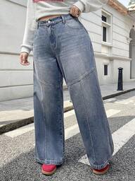 Rivivi Plus Size Women Vintage Wide Leg Loose Straight Leg Jeans, Ankle Length