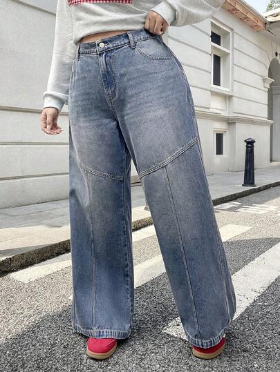 Rivivi Plus Size Women Vintage Wide Leg Loose Straight Leg Jeans, Ankle Length