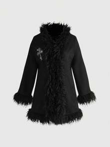 ROMWE EDITION Plus Size Gothic Rhinestone Cross Ostrich Fur Collar Cardigan Coat, Autumn/Winter - Black - View 5