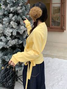 DAZY Women's Loose Business Casual Elegant Yellow Tie-Up Drawstring Oblique Placket Design Knit Cardigan, Suitable For Autumn, Winter, New Year, Christmas - Yellow - View 4