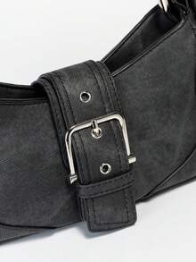 Aloruh 1 pieza Bolso de mano de mujer de piel sintética, estilo motociclista de moda Y2K baddie, bolso denim retro pequeño, bolso bandolera de nicho de estilo dulce y picante - Negro - Ver 3