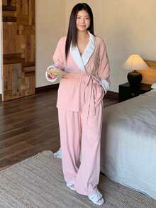 Dazy Plus 2pcs/Set Contrast Color Block Thick Loose Drawstring Top And Pants Pajama Set, Casual Sleepwear For Women Plus Size, Fall & Winter Clothes - Pink - View 6