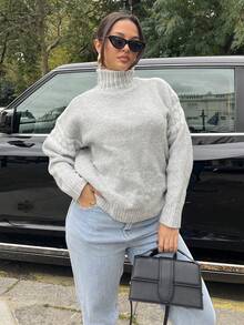 NegzBox Women's Geometric Pattern Stand Collar Drop Shoulder Long Sleeve Loose Casual Sweater, Autumn/Winter,Knitted Sweater - Apricot - View 6