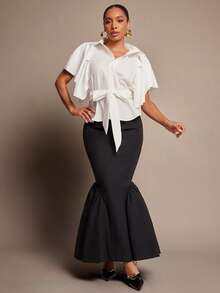 Vixey Solid Puff Flutter Sleeve Button Up Top With Self Belt - White - View 3