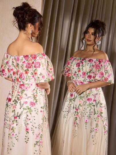 Cravure Plus Size Women's Embroidered Off-Shoulder Short Sleeve Cinched Waist Maxi Flare Dress, Elegant For Parties