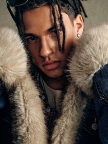 AXEPEAK Men's Washed Jacket, Fluffy Patchwork, Fashion Lapel Collar Bomber - Blue - View 4