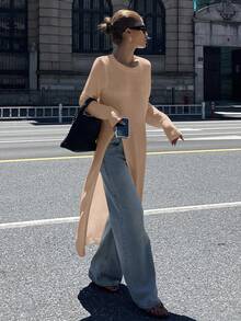 DAZY Áo len dài tay xẻ tà rộng rãi cho nữ - Hồng - Xem 5