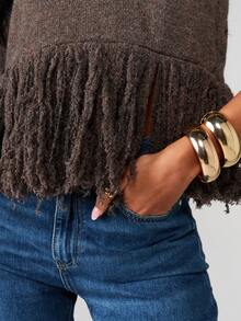 MISSGUIDED Oversized Fringe Hem Knitted Sweater Fall Winter Cozy Pullover - Coffee Brown - View 5