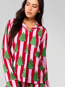 MISSGUIDED 女士圣诞树睡衣套装，节日睡衣，纽扣前开襟长袖上衣搭配同款短裤，红粉条纹，节日家居服 - 彩色 - 查看 3
