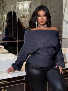 NU&NOW Plus Size Women Solid Color Off Shoulder Cable Knit Pullover Sweater - Dark Grey - View 1
