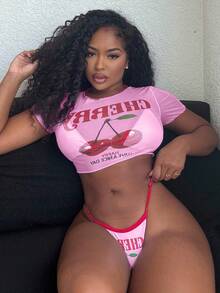Alexandranx Bộ đồ đi biển mùa hè 3 món cho nữ: Bộ bikini dây mảnh họa tiết quả anh đào và chữ cái kèm áo phông vải voan lưới mỏng - Nhiều màu - Xem 4