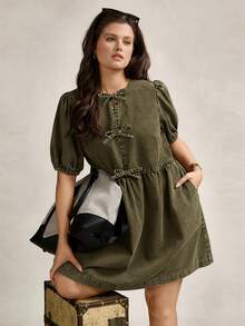 Zelara Plus Size Washed Collar Bow Pocket Dress - Army Green - View 9