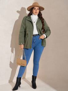 SHEIN LUNE 3件套加大码女式纯色高领长袖修身毛衣套装，秋冬季 - 軍綠色 - 查看 5