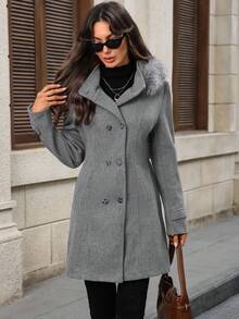 EMERY ROSE Women's Fashionable Double-Breasted Hooded Overcoat, Light Gray - Light Grey - View 9