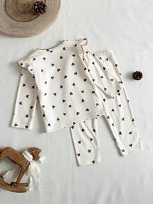 SHEIN 2pcs Baby Girl Fleece Heart Print Crew Neck Long Sleeve Top And Elastic Waist Heart Print Fleece Pants Casual Comfortable Autumn/Winter Matching Set - Apricot - View 2